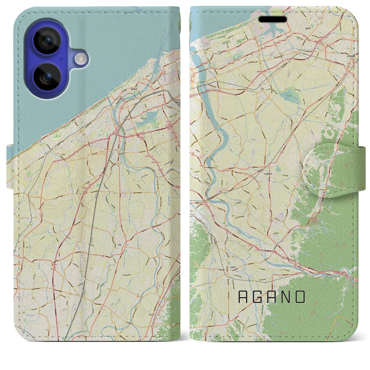 【阿賀野(新潟県)】地図柄iPhoneケース(手帳タイプ)ナチュラル・iPhone 16 Pro Max 用
