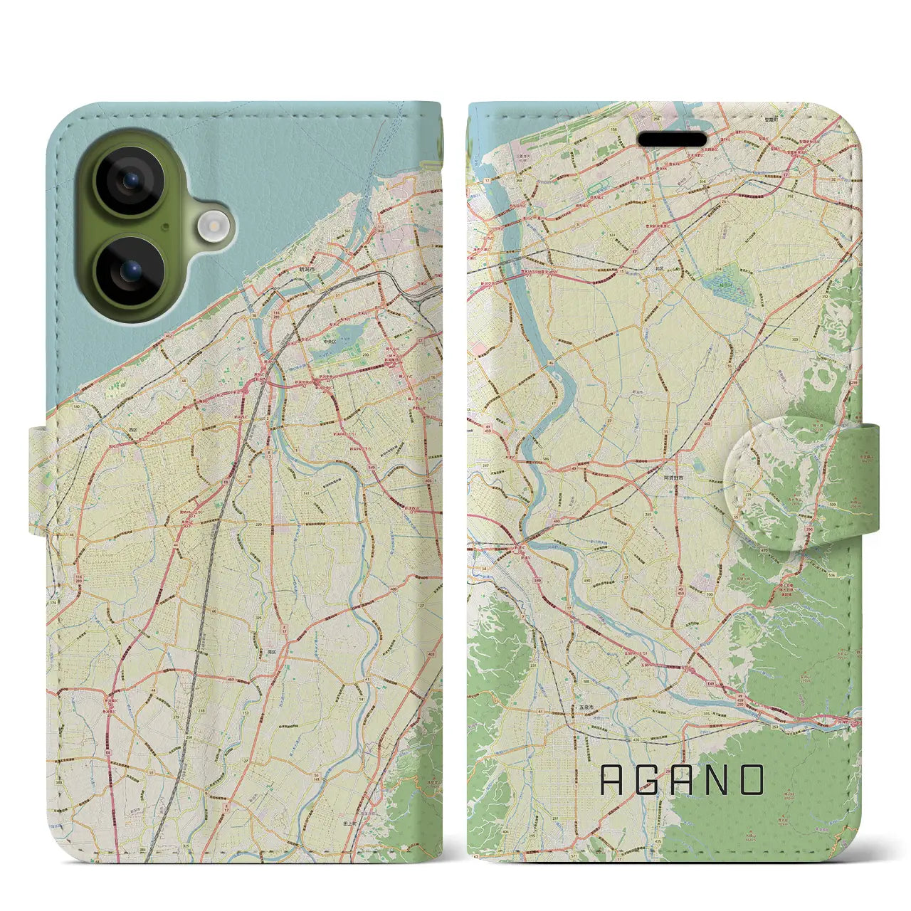 【阿賀野(新潟県)】地図柄iPhoneケース(手帳タイプ)ナチュラル・iPhone 17 Pro Max 用