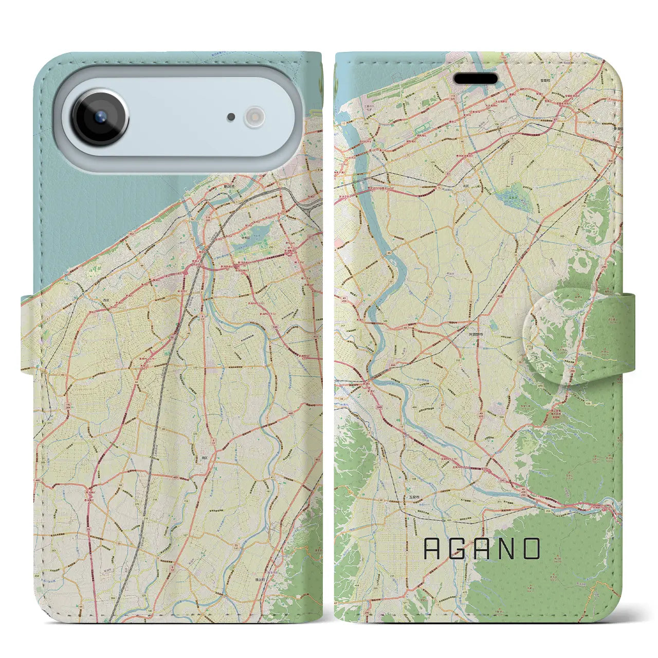 【阿賀野(新潟県)】地図柄iPhoneケース(手帳タイプ)モノトーン・iPhone 17 Pro Max 用
