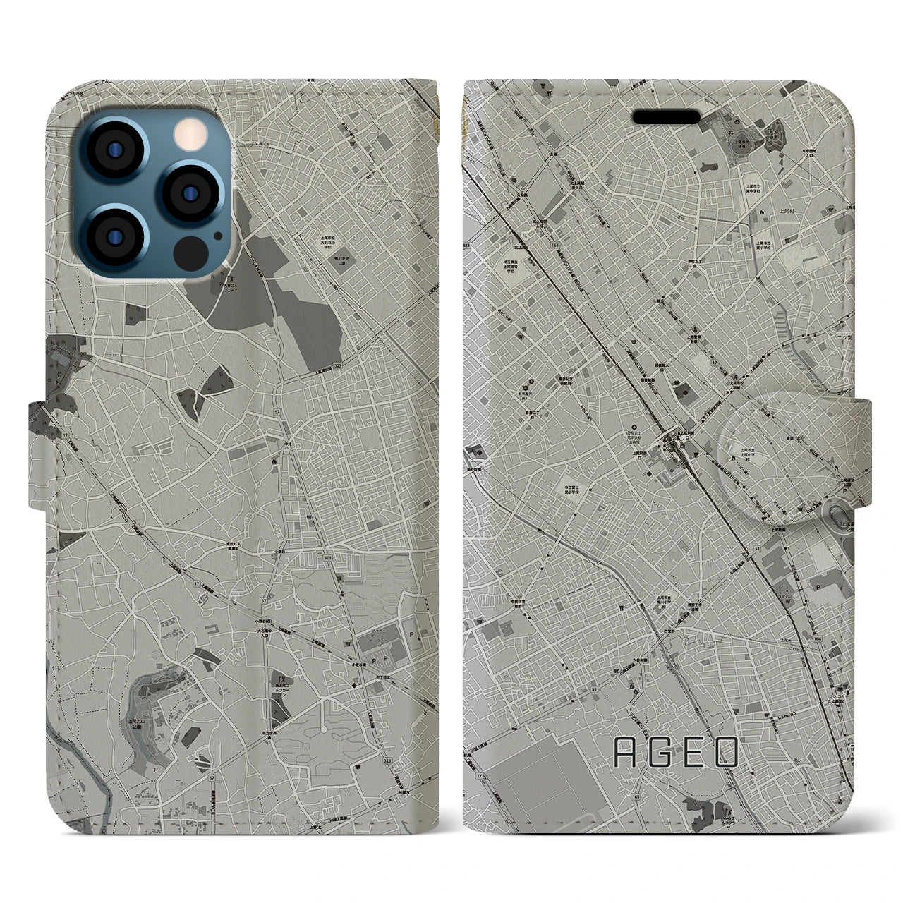 【上尾(埼玉県)】地図柄iPhoneケース(手帳タイプ)モノトーン・iPhone 12 / 12 Pro 用