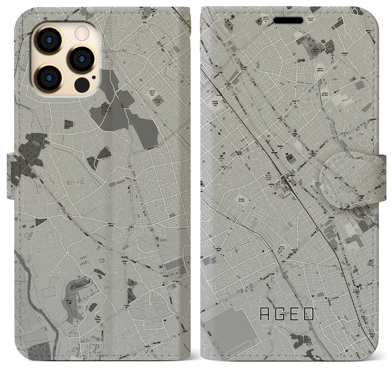 【上尾(埼玉県)】地図柄iPhoneケース(手帳タイプ)モノトーン・iPhone 12 Pro Max 用