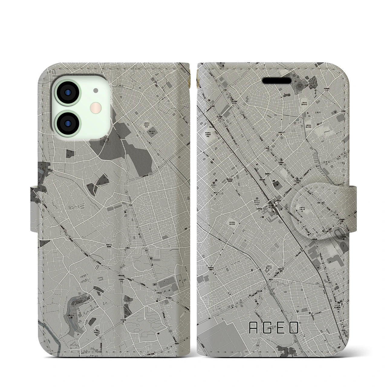 【上尾(埼玉県)】地図柄iPhoneケース(手帳タイプ)モノトーン・iPhone 12 mini 用