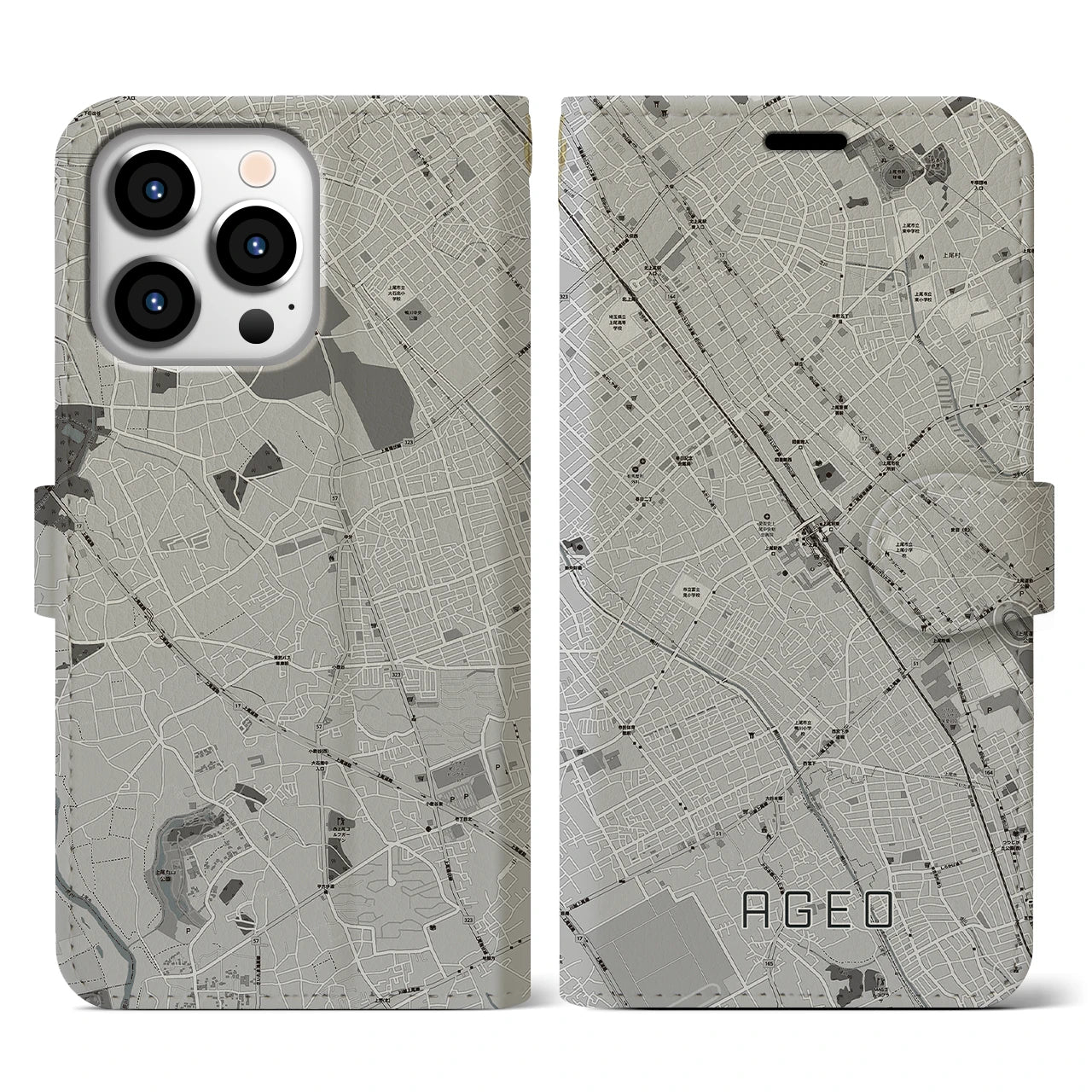 【上尾(埼玉県)】地図柄iPhoneケース(手帳タイプ)モノトーン・iPhone 13 Pro 用
