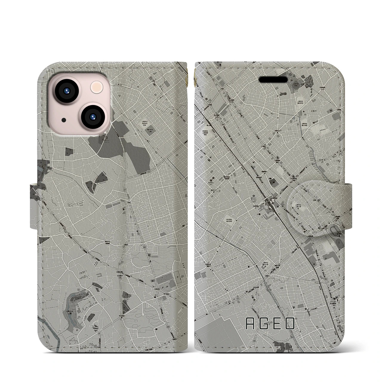 【上尾(埼玉県)】地図柄iPhoneケース(手帳タイプ)モノトーン・iPhone 13 mini 用