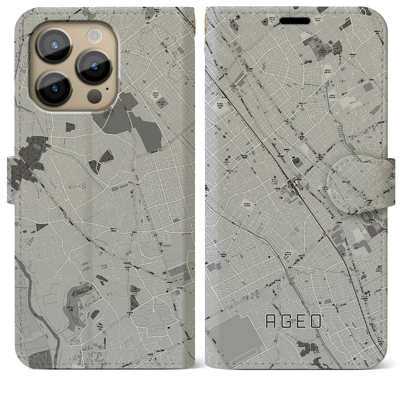 【上尾(埼玉県)】地図柄iPhoneケース(手帳タイプ)モノトーン・iPhone 14 Pro Max 用