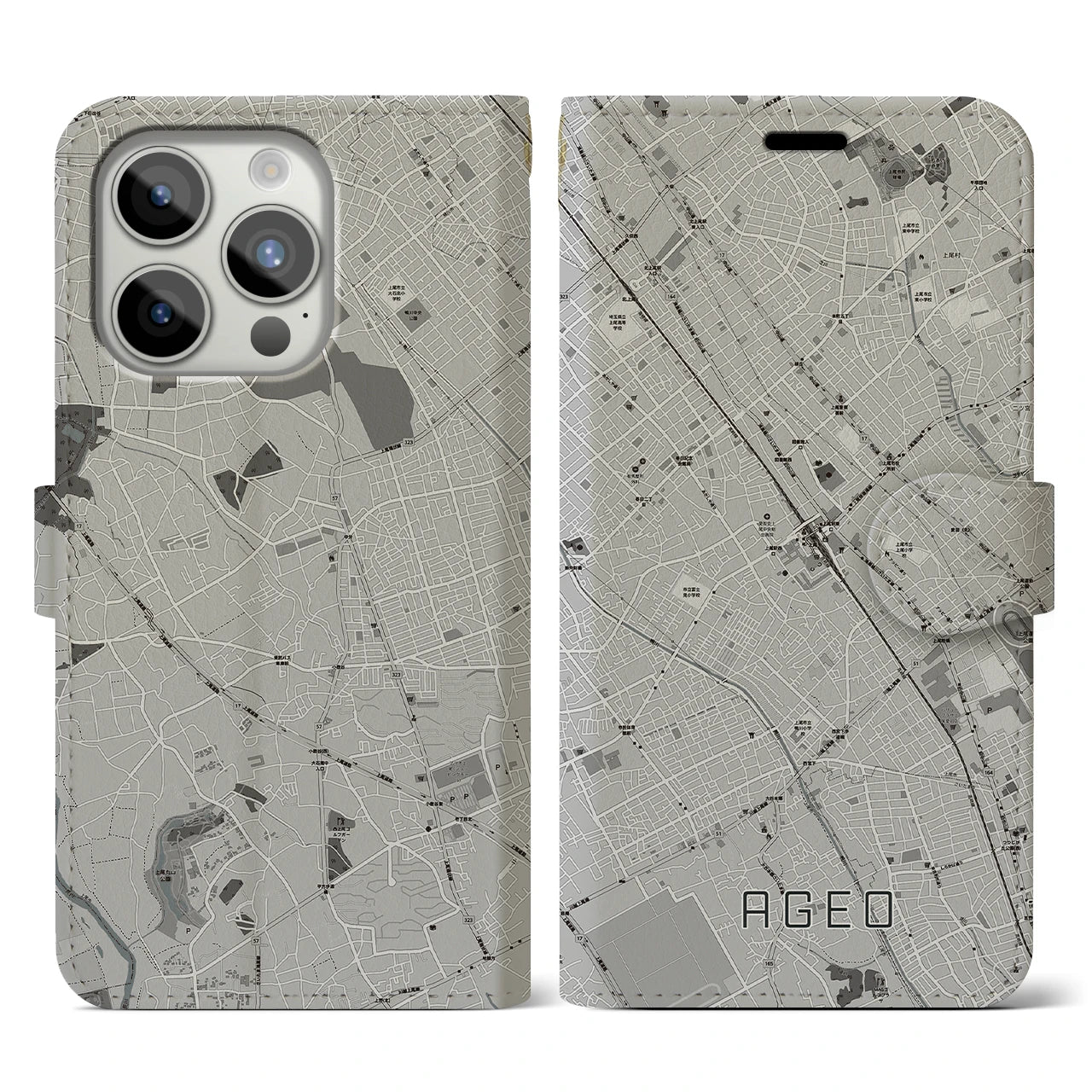 【上尾(埼玉県)】地図柄iPhoneケース(手帳タイプ)モノトーン・iPhone 15 Pro 用