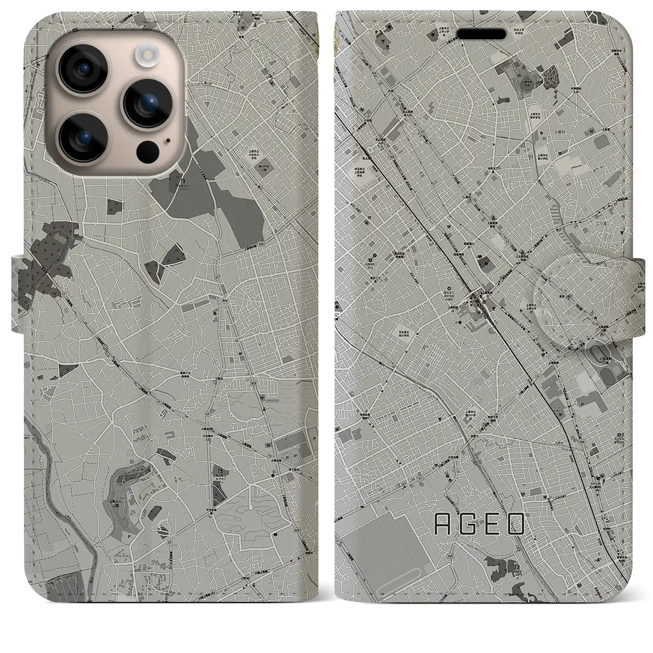 【上尾(埼玉県)】地図柄iPhoneケース(手帳タイプ)モノトーン・iPhone 16 Plus 用