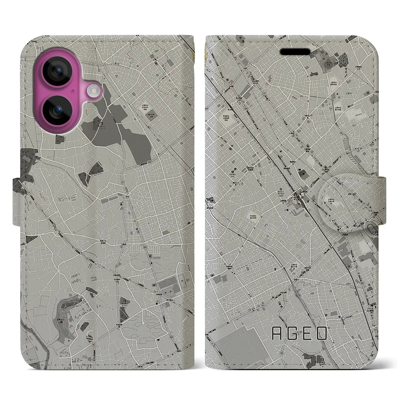 【上尾(埼玉県)】地図柄iPhoneケース(手帳タイプ)モノトーン・iPhone 16 Pro 用