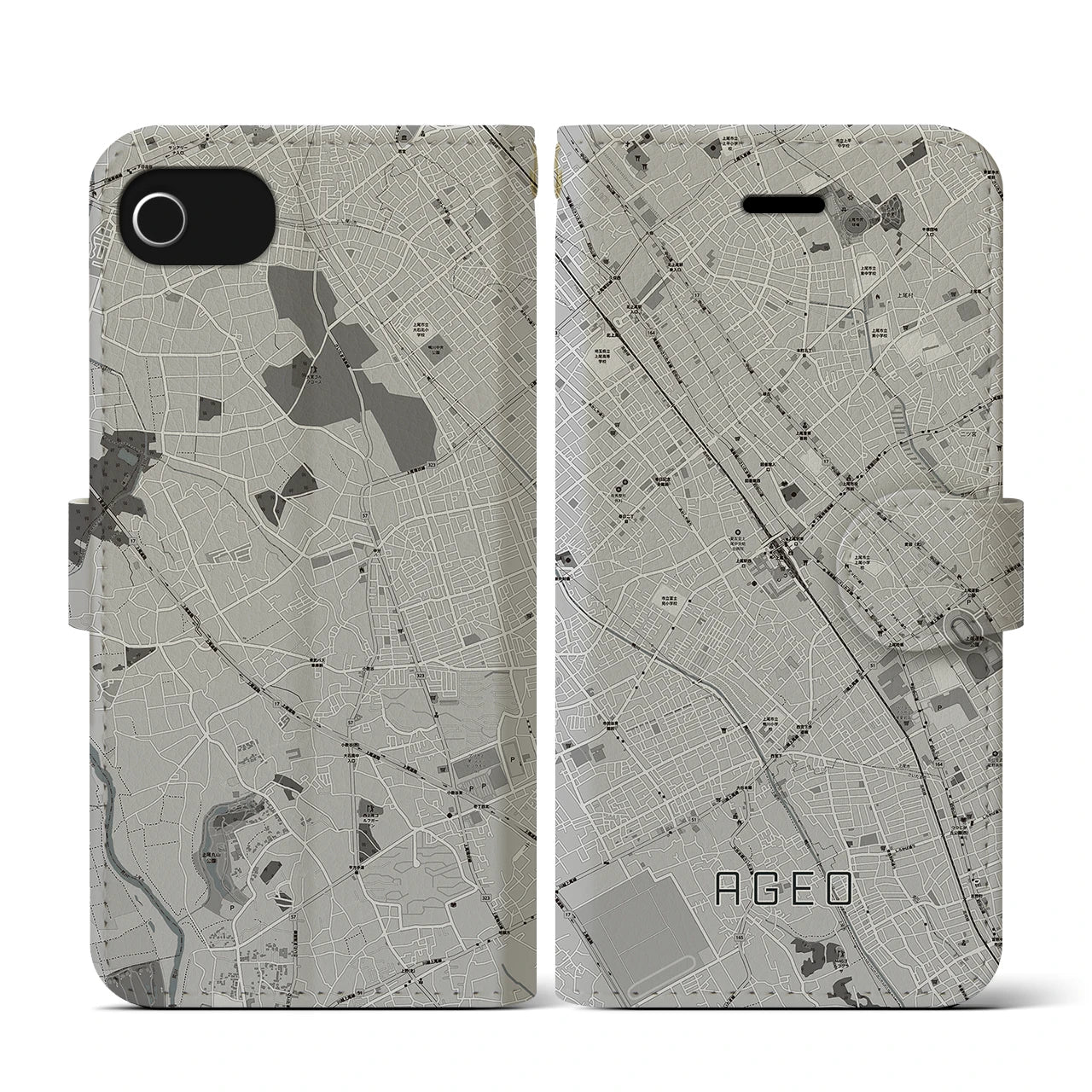 【上尾(埼玉県)】地図柄iPhoneケース(手帳タイプ)モノトーン・iPhone SE(第3 / 第2世代) / 8 / 7 / 6s / 6 用