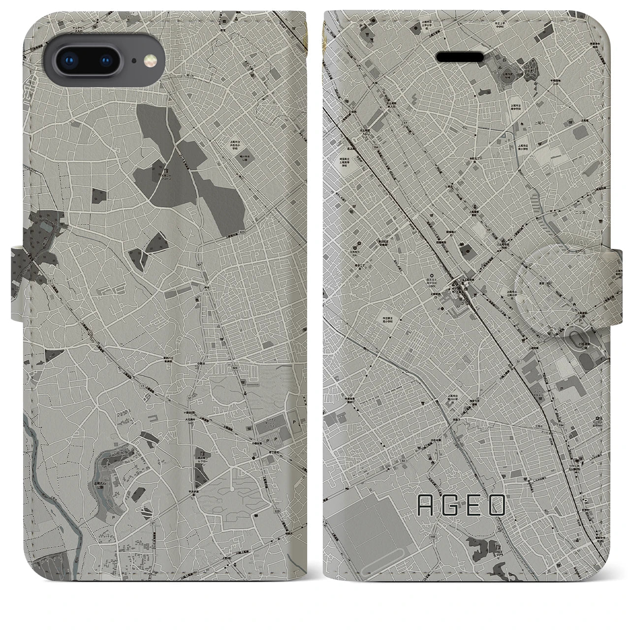 【上尾(埼玉県)】地図柄iPhoneケース(手帳タイプ)モノトーン・iPhone 8Plus /7Plus / 6sPlus / 6Plus 用