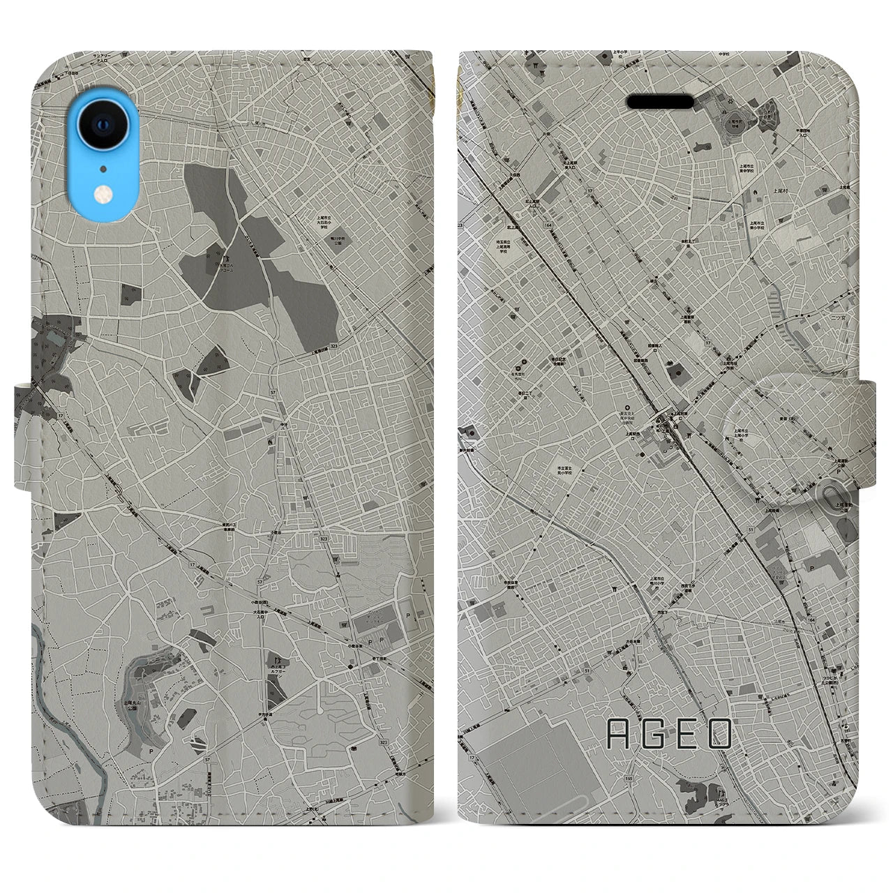 【上尾(埼玉県)】地図柄iPhoneケース(手帳タイプ)モノトーン・iPhone XR 用