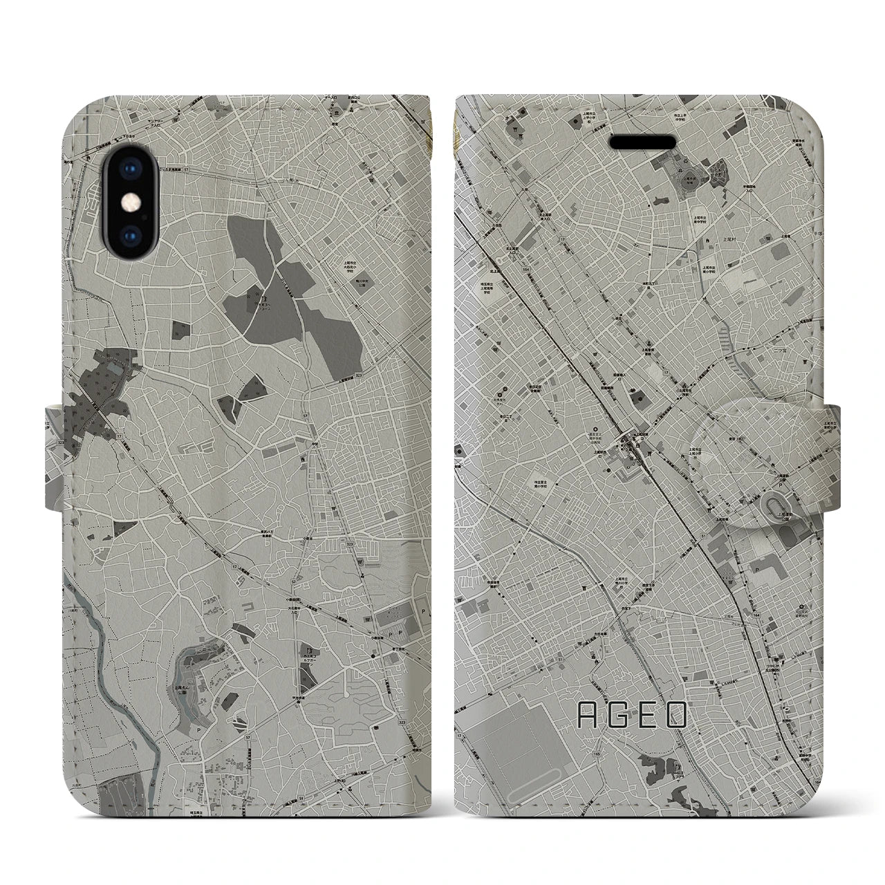 【上尾(埼玉県)】地図柄iPhoneケース(手帳タイプ)モノトーン・iPhone XS / X 用