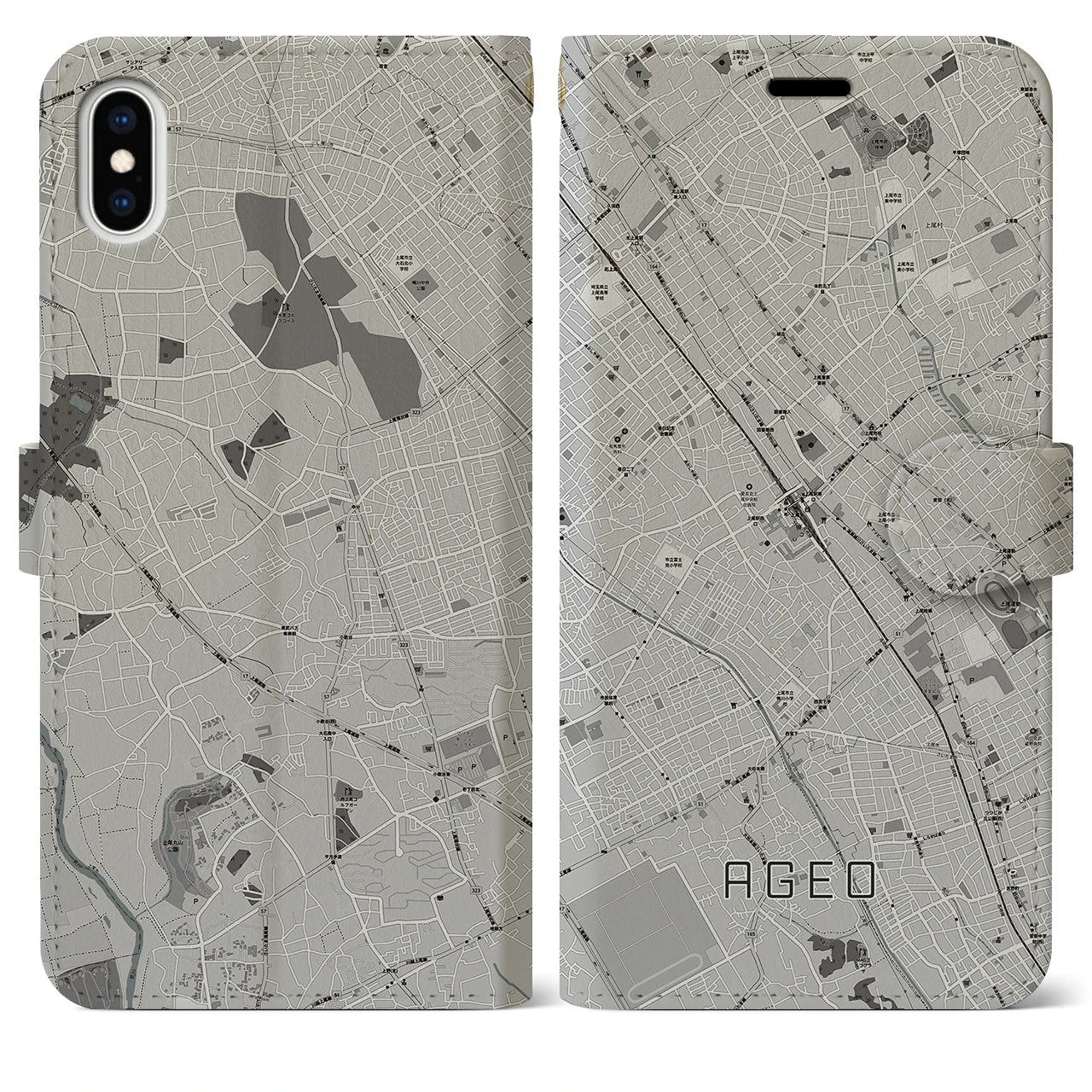 【上尾(埼玉県)】地図柄iPhoneケース(手帳タイプ)モノトーン・iPhone XS Max 用
