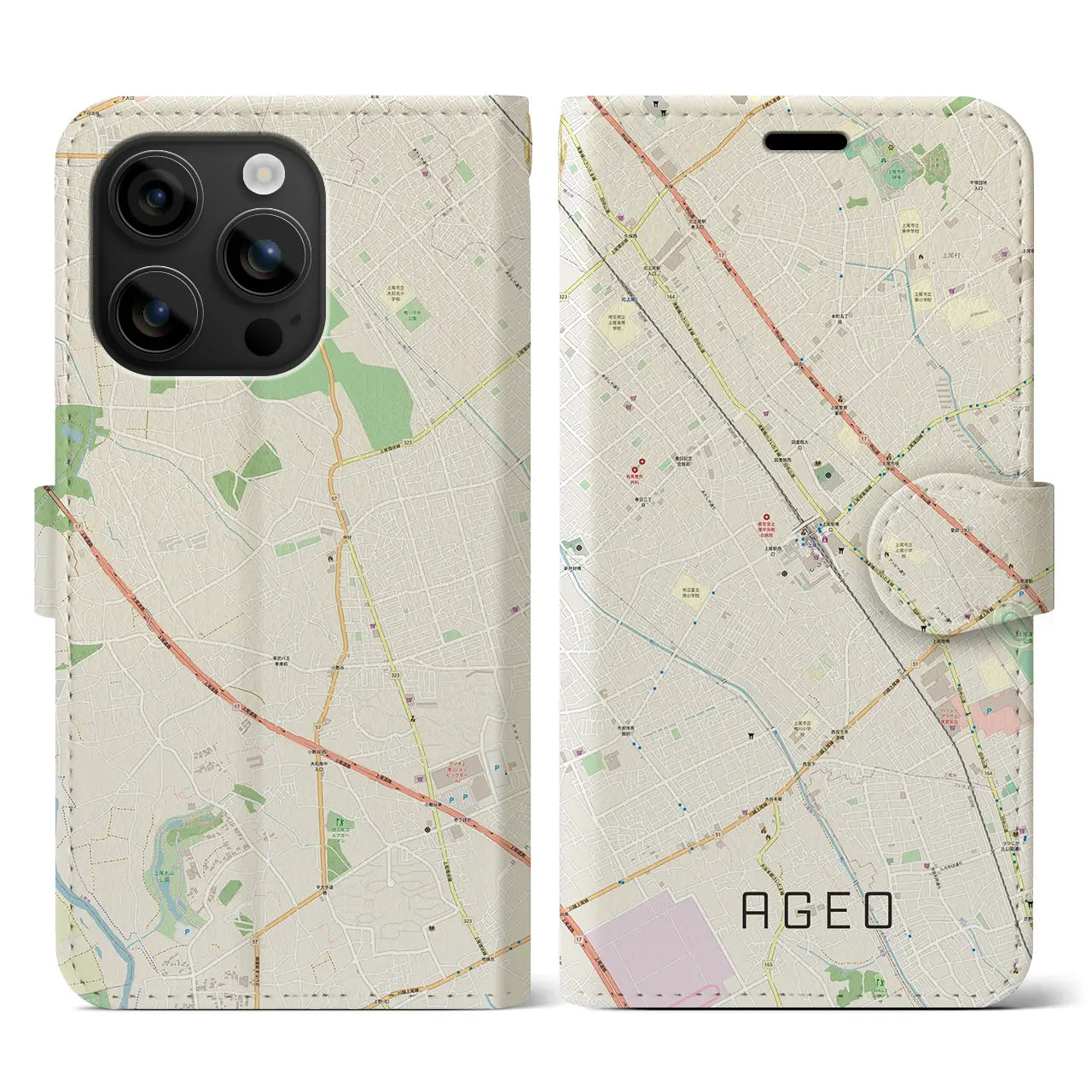 【上尾(埼玉県)】地図柄iPhoneケース(手帳タイプ)ナチュラル・iPhone 16 用