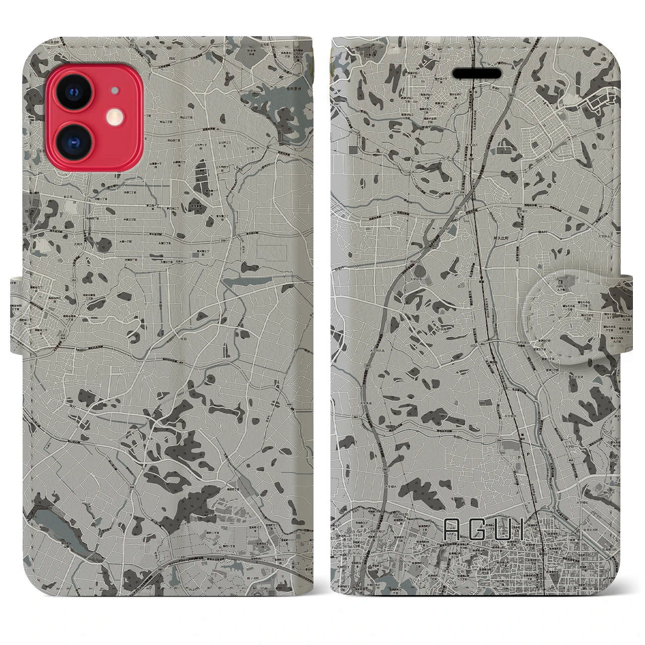 【阿久比(愛知県)】地図柄iPhoneケース(手帳タイプ)モノトーン・iPhone 11 用
