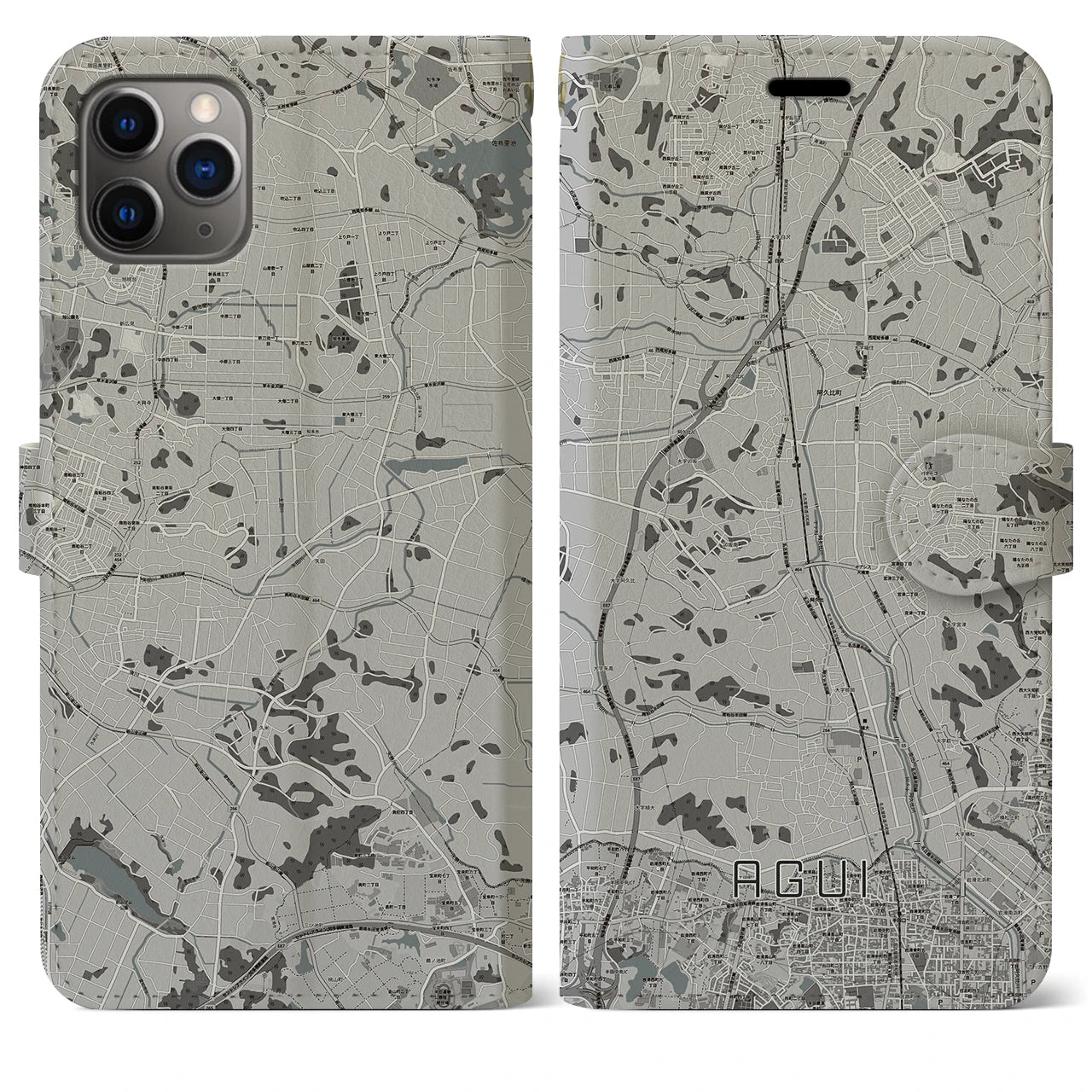 【阿久比(愛知県)】地図柄iPhoneケース(手帳タイプ)モノトーン・iPhone 11 Pro Max 用