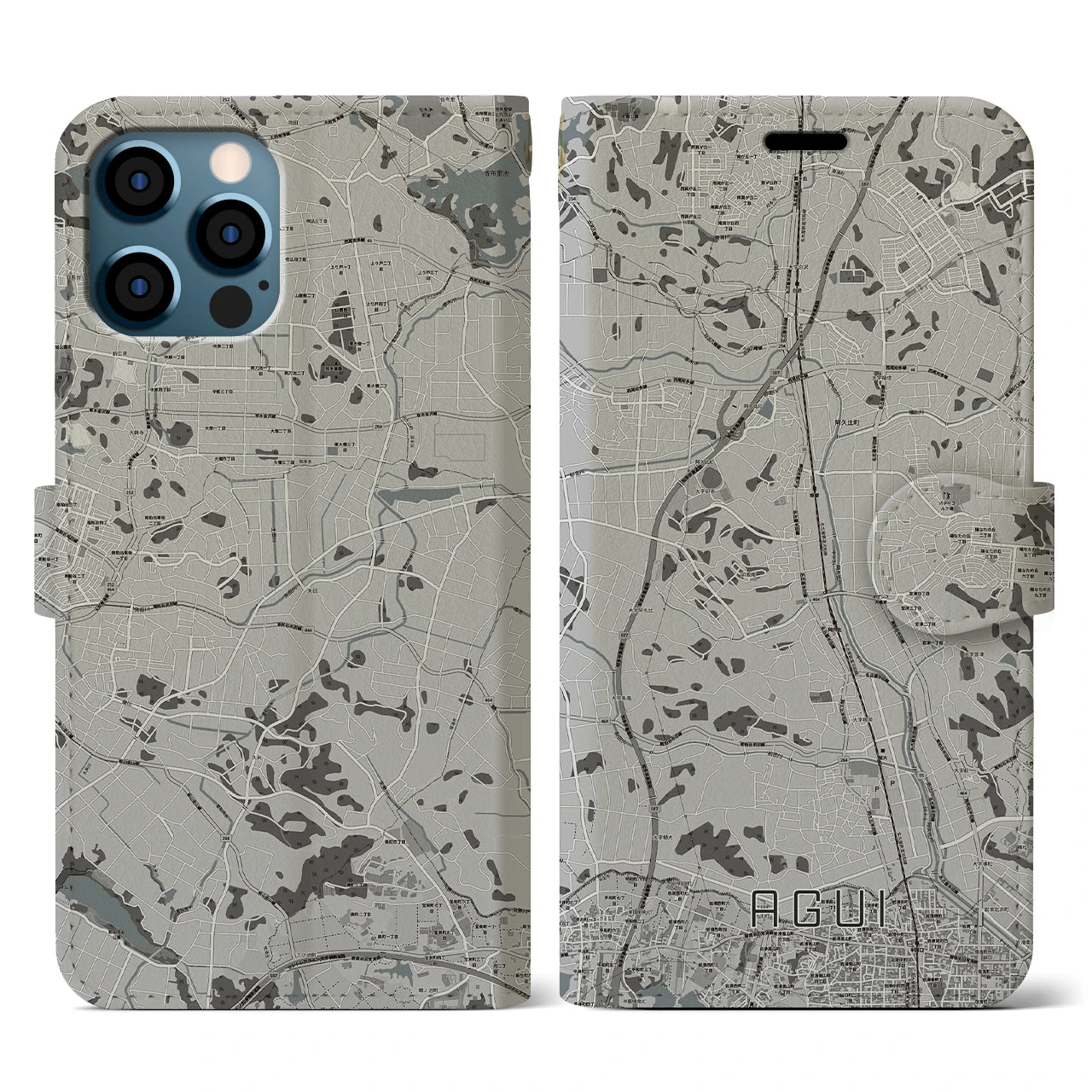 【阿久比(愛知県)】地図柄iPhoneケース(手帳タイプ)モノトーン・iPhone 12 / 12 Pro 用