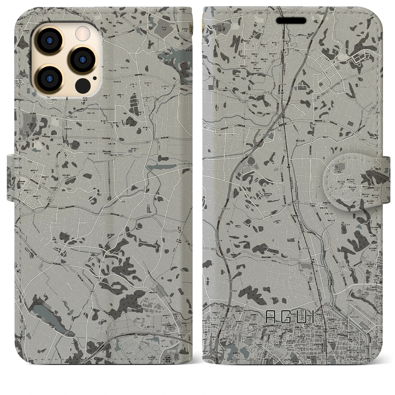 【阿久比(愛知県)】地図柄iPhoneケース(手帳タイプ)モノトーン・iPhone 12 Pro Max 用