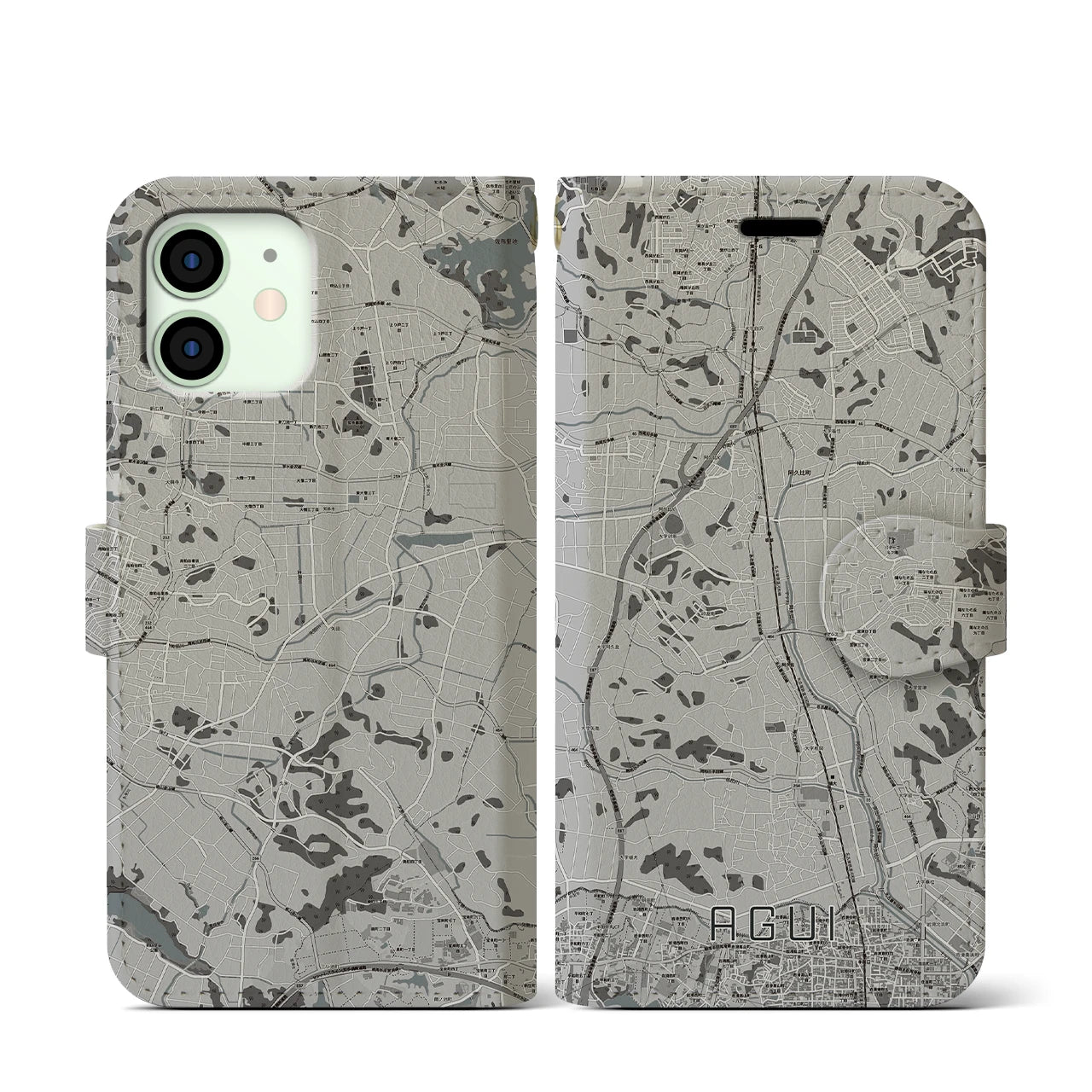 【阿久比(愛知県)】地図柄iPhoneケース(手帳タイプ)モノトーン・iPhone 12 mini 用