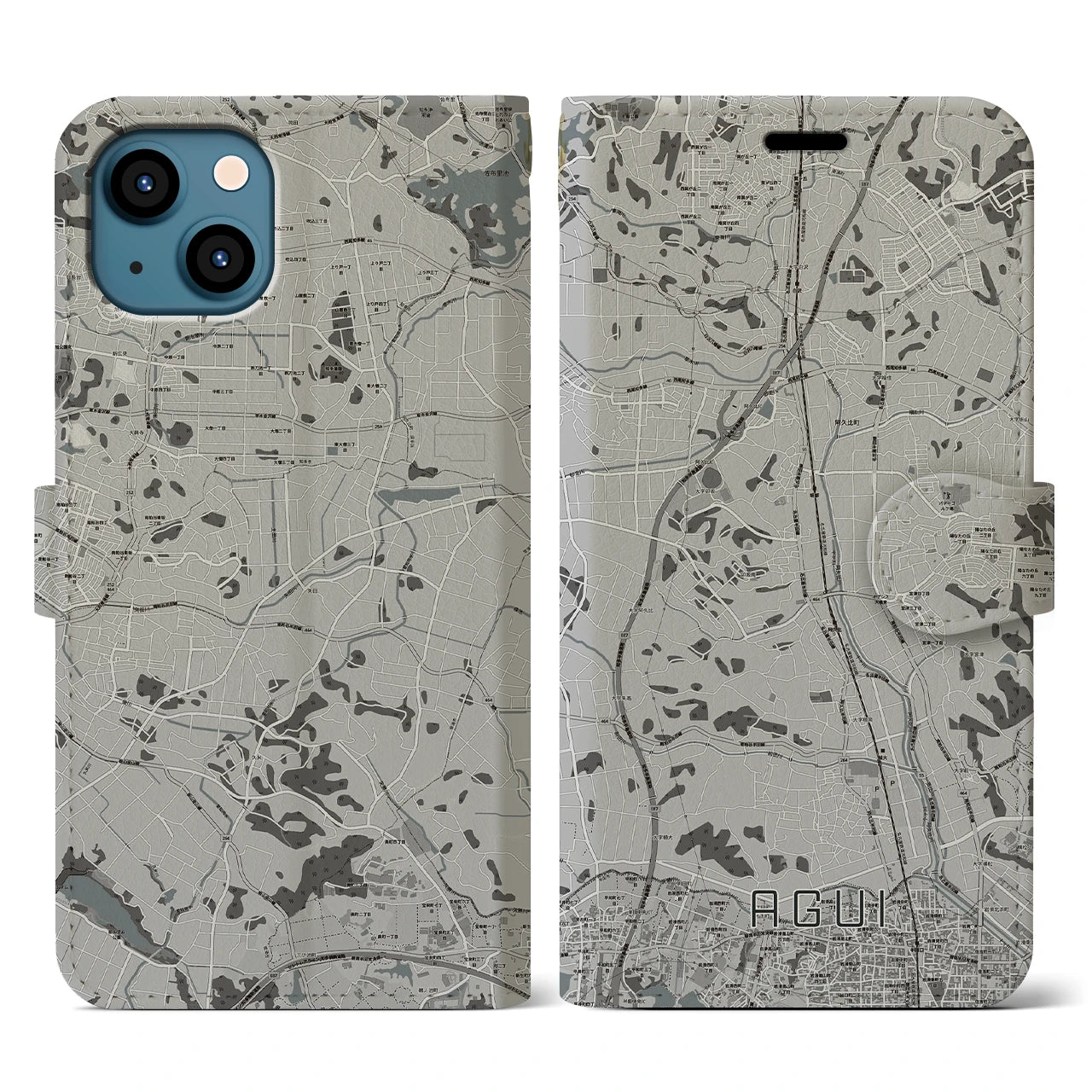 【阿久比(愛知県)】地図柄iPhoneケース(手帳タイプ)モノトーン・iPhone 13 用