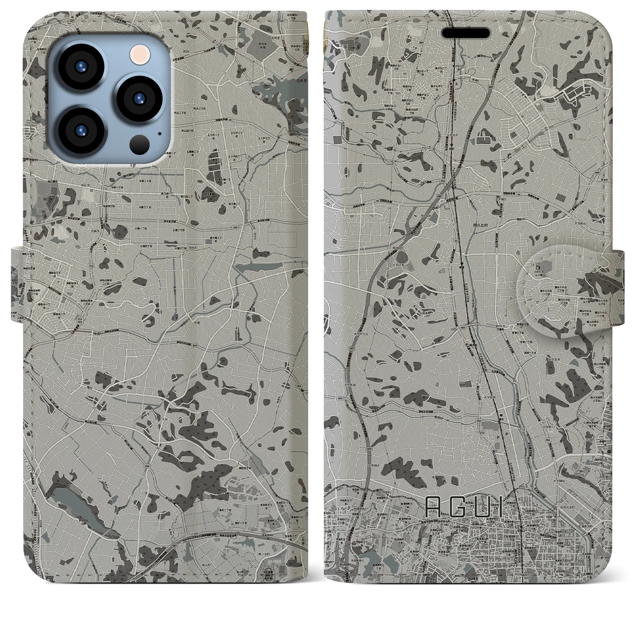 【阿久比(愛知県)】地図柄iPhoneケース(手帳タイプ)モノトーン・iPhone 13 Pro Max 用