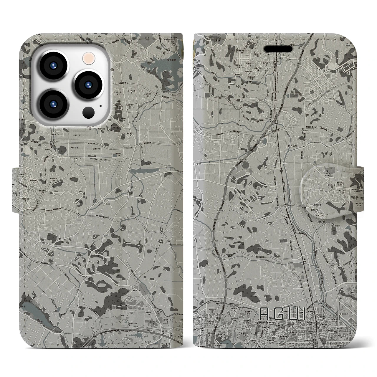 【阿久比(愛知県)】地図柄iPhoneケース(手帳タイプ)モノトーン・iPhone 13 Pro 用