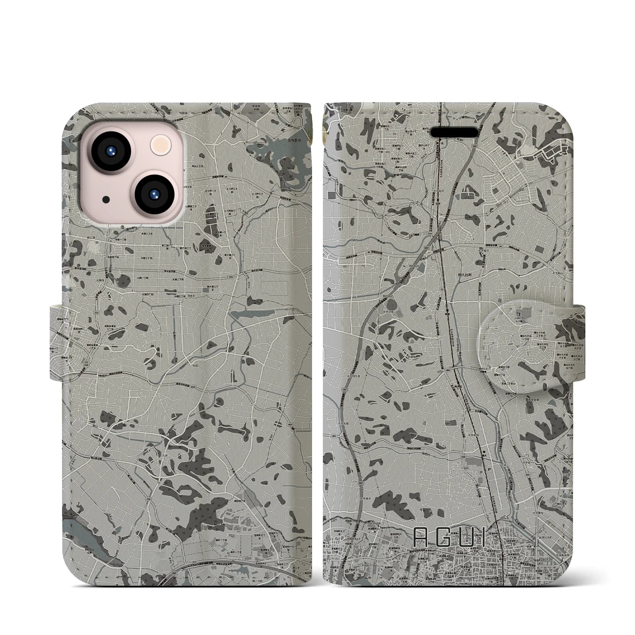 【阿久比(愛知県)】地図柄iPhoneケース(手帳タイプ)モノトーン・iPhone 13 mini 用