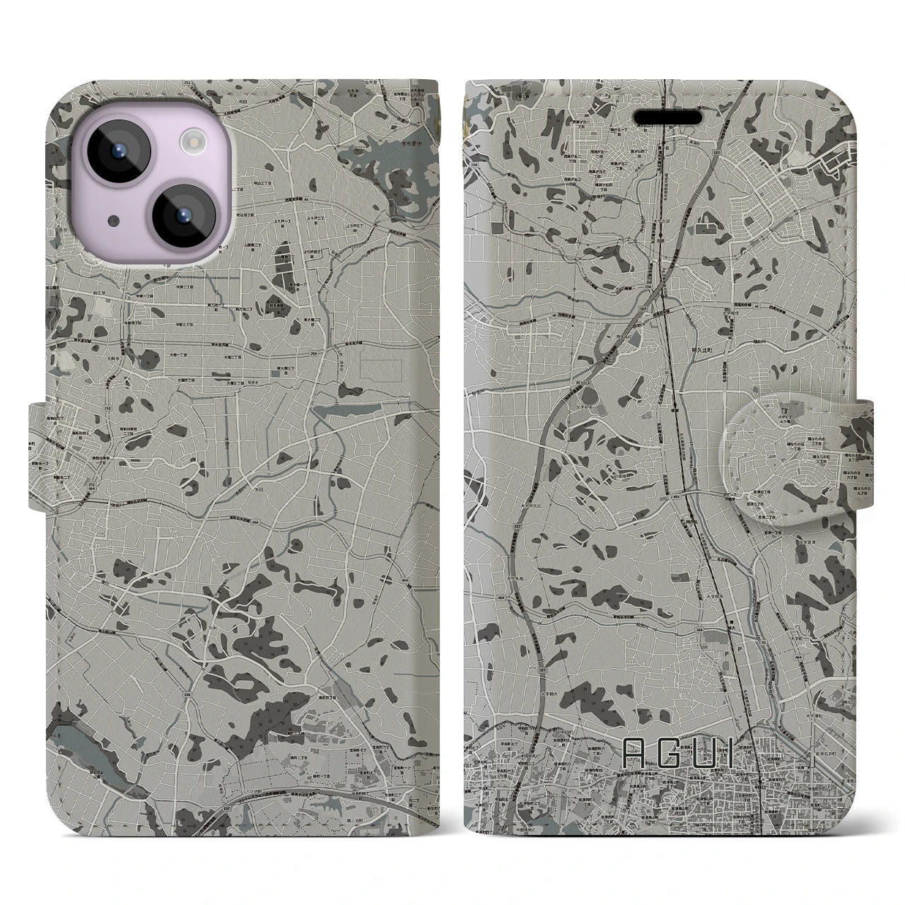 【阿久比(愛知県)】地図柄iPhoneケース(手帳タイプ)モノトーン・iPhone 14 用