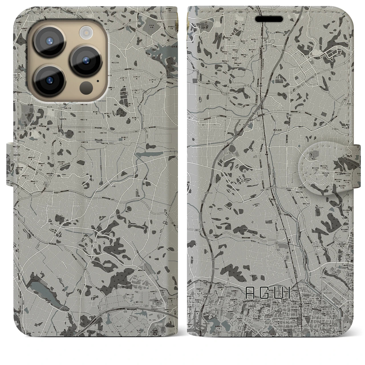 【阿久比(愛知県)】地図柄iPhoneケース(手帳タイプ)モノトーン・iPhone 14 Pro Max 用