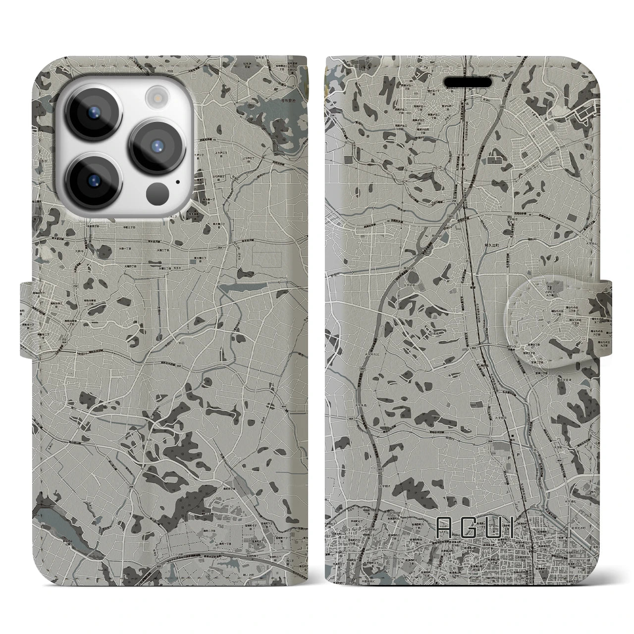 【阿久比(愛知県)】地図柄iPhoneケース(手帳タイプ)モノトーン・iPhone 14 Pro 用