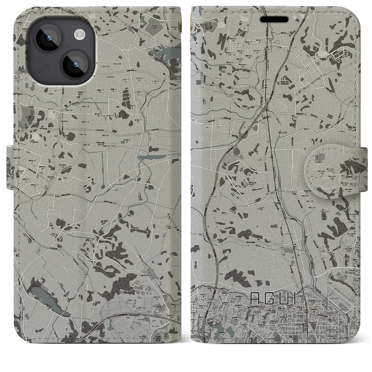 【阿久比(愛知県)】地図柄iPhoneケース(手帳タイプ)モノトーン・iPhone 14 Plus 用