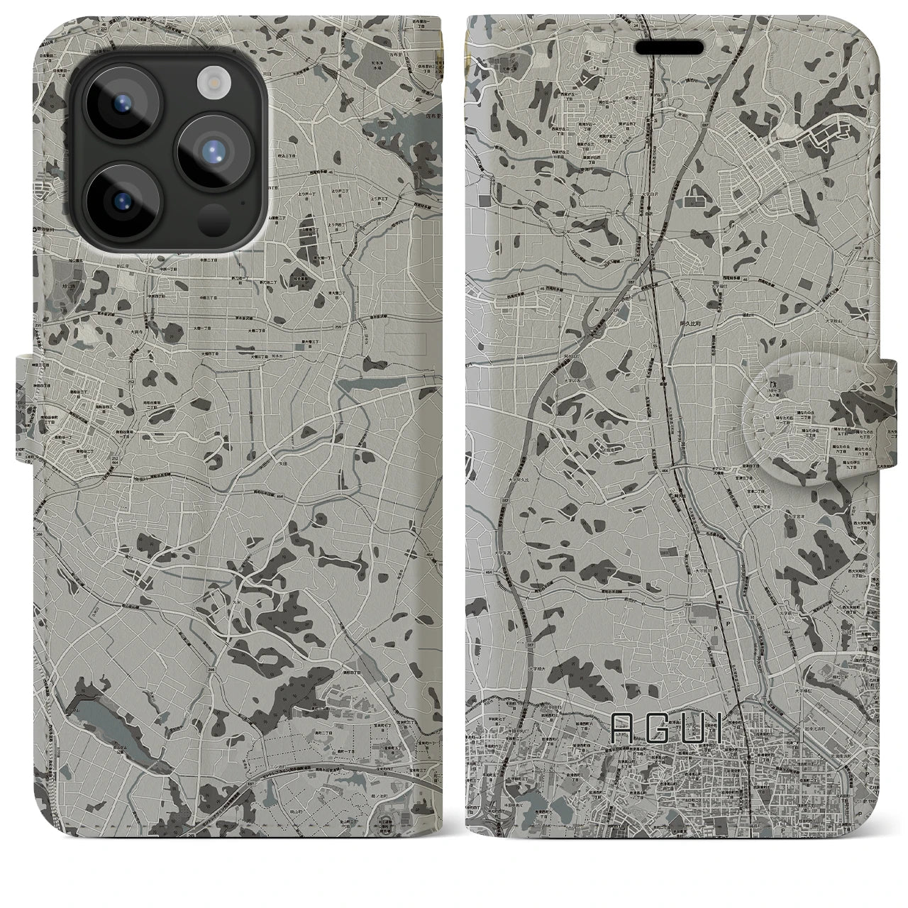 【阿久比(愛知県)】地図柄iPhoneケース(手帳タイプ)モノトーン・iPhone 15 Pro Max 用