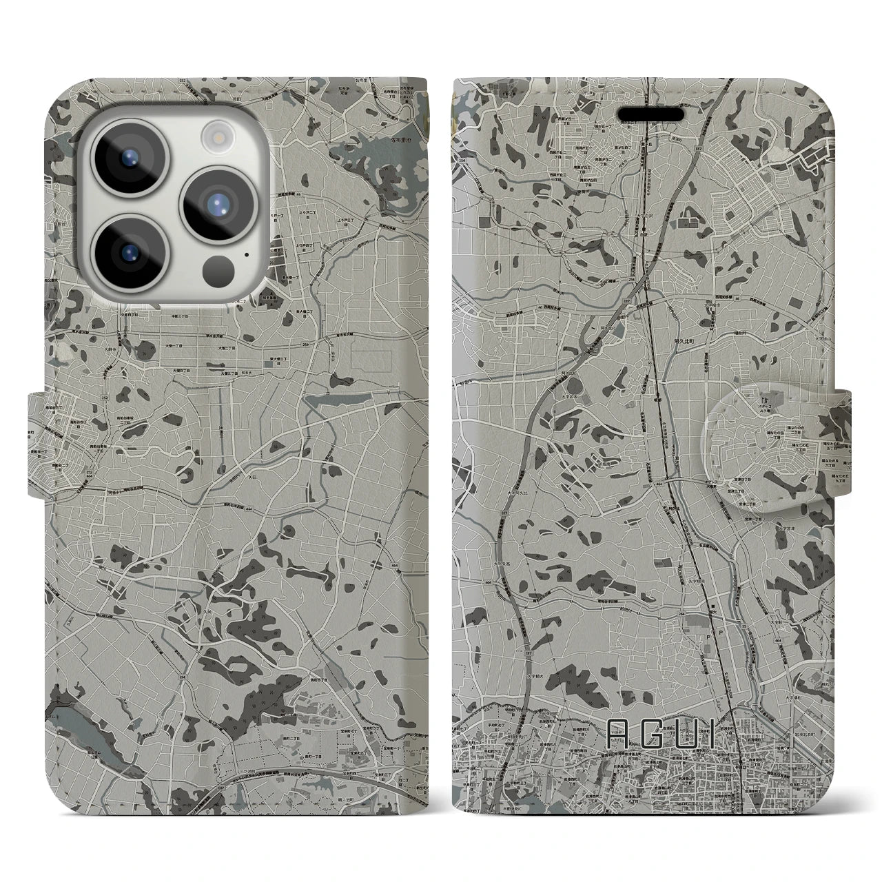 【阿久比(愛知県)】地図柄iPhoneケース(手帳タイプ)モノトーン・iPhone 15 Pro 用