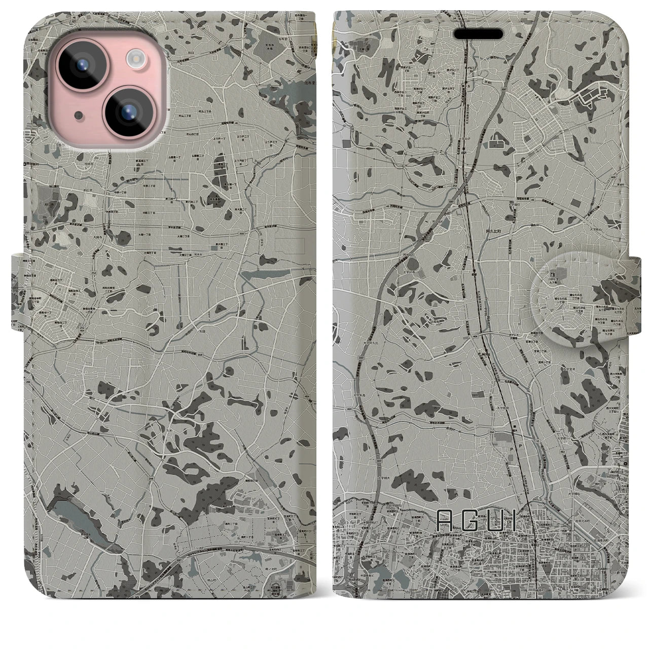【阿久比(愛知県)】地図柄iPhoneケース(手帳タイプ)モノトーン・iPhone 15 Plus 用