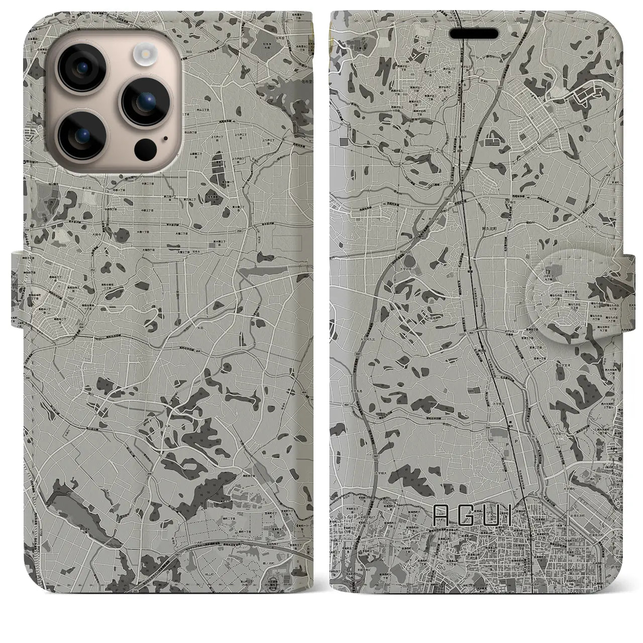 【阿久比(愛知県)】地図柄iPhoneケース(手帳タイプ)モノトーン・iPhone 16 Plus 用