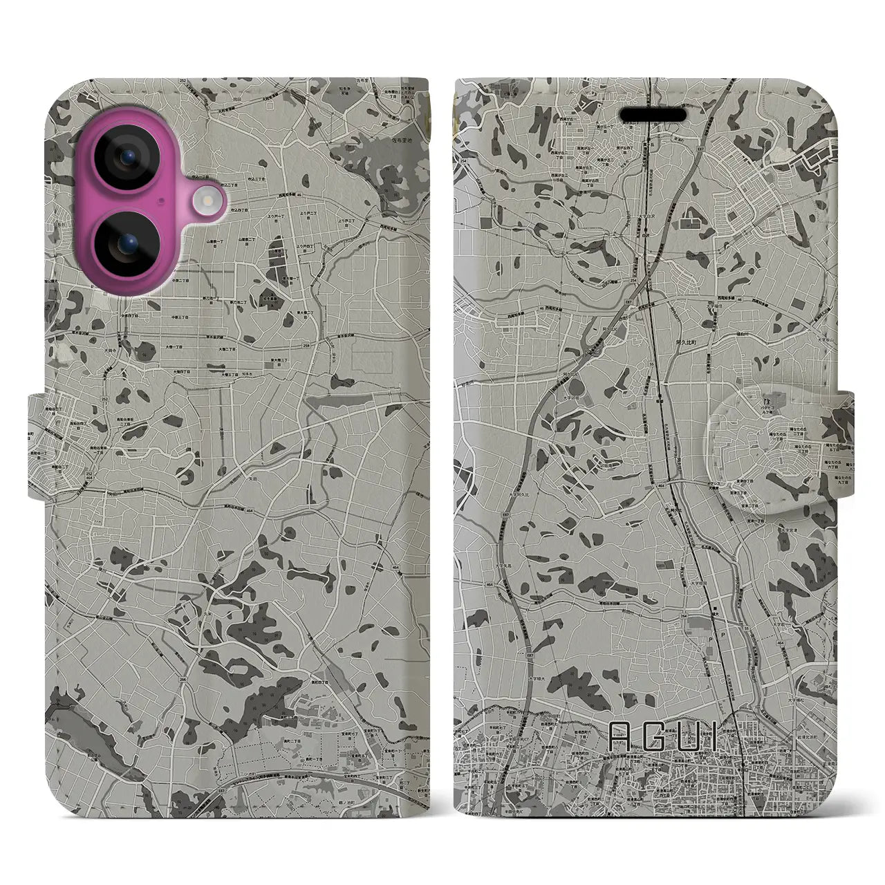 【阿久比(愛知県)】地図柄iPhoneケース(手帳タイプ)モノトーン・iPhone 16 Pro 用
