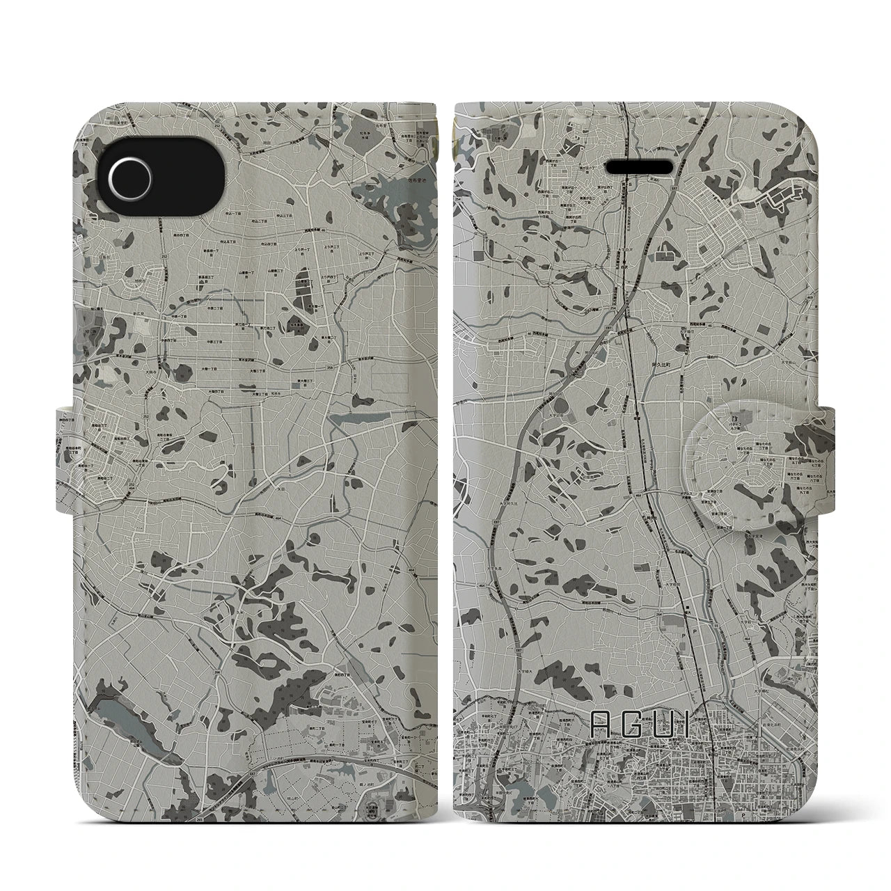 【阿久比(愛知県)】地図柄iPhoneケース(手帳タイプ)モノトーン・iPhone SE(第3 / 第2世代) / 8 / 7 / 6s / 6 用