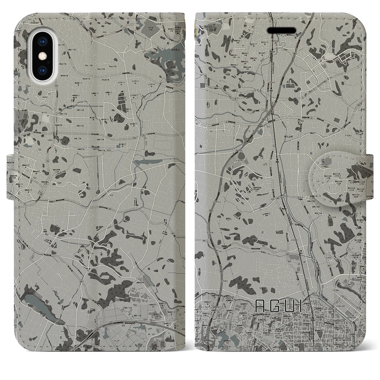 【阿久比(愛知県)】地図柄iPhoneケース(手帳タイプ)モノトーン・iPhone XS Max 用