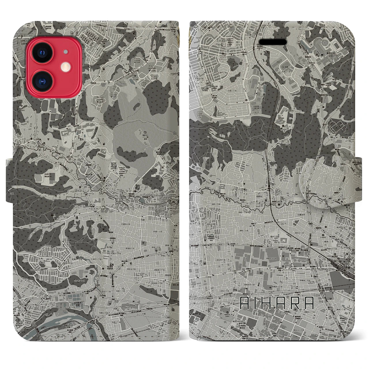 【相原(東京都)】地図柄iPhoneケース(手帳タイプ)モノトーン・iPhone 11 用