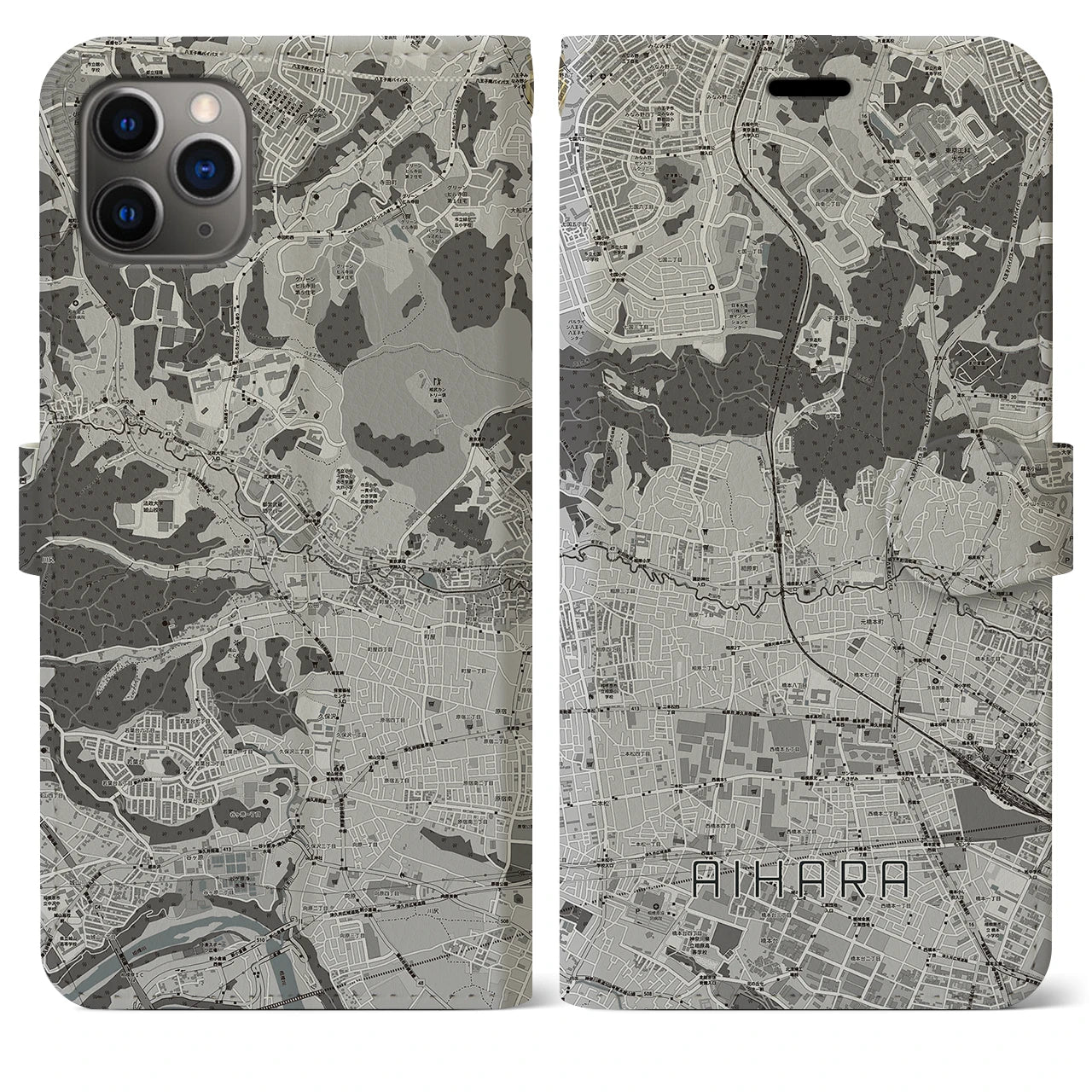 【相原(東京都)】地図柄iPhoneケース(手帳タイプ)モノトーン・iPhone 11 Pro Max 用