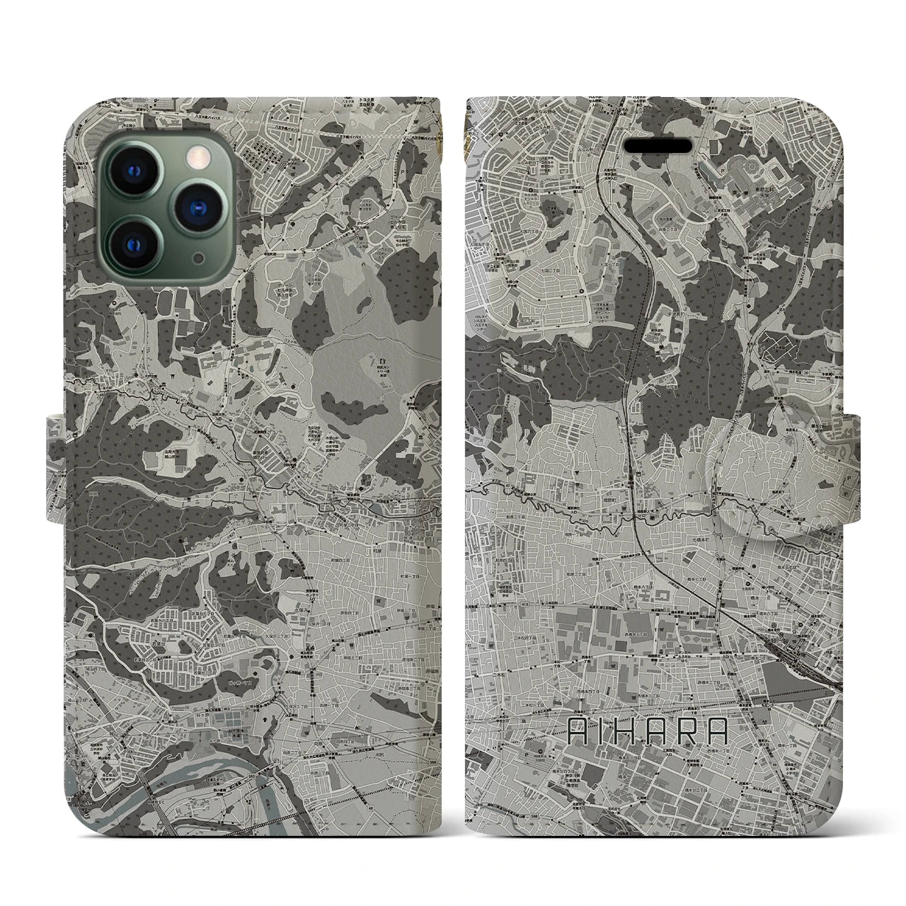 【相原(東京都)】地図柄iPhoneケース(手帳タイプ)モノトーン・iPhone 11 Pro 用