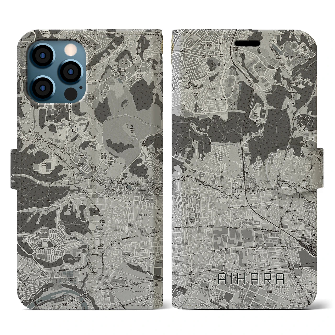 【相原(東京都)】地図柄iPhoneケース(手帳タイプ)モノトーン・iPhone 12 / 12 Pro 用