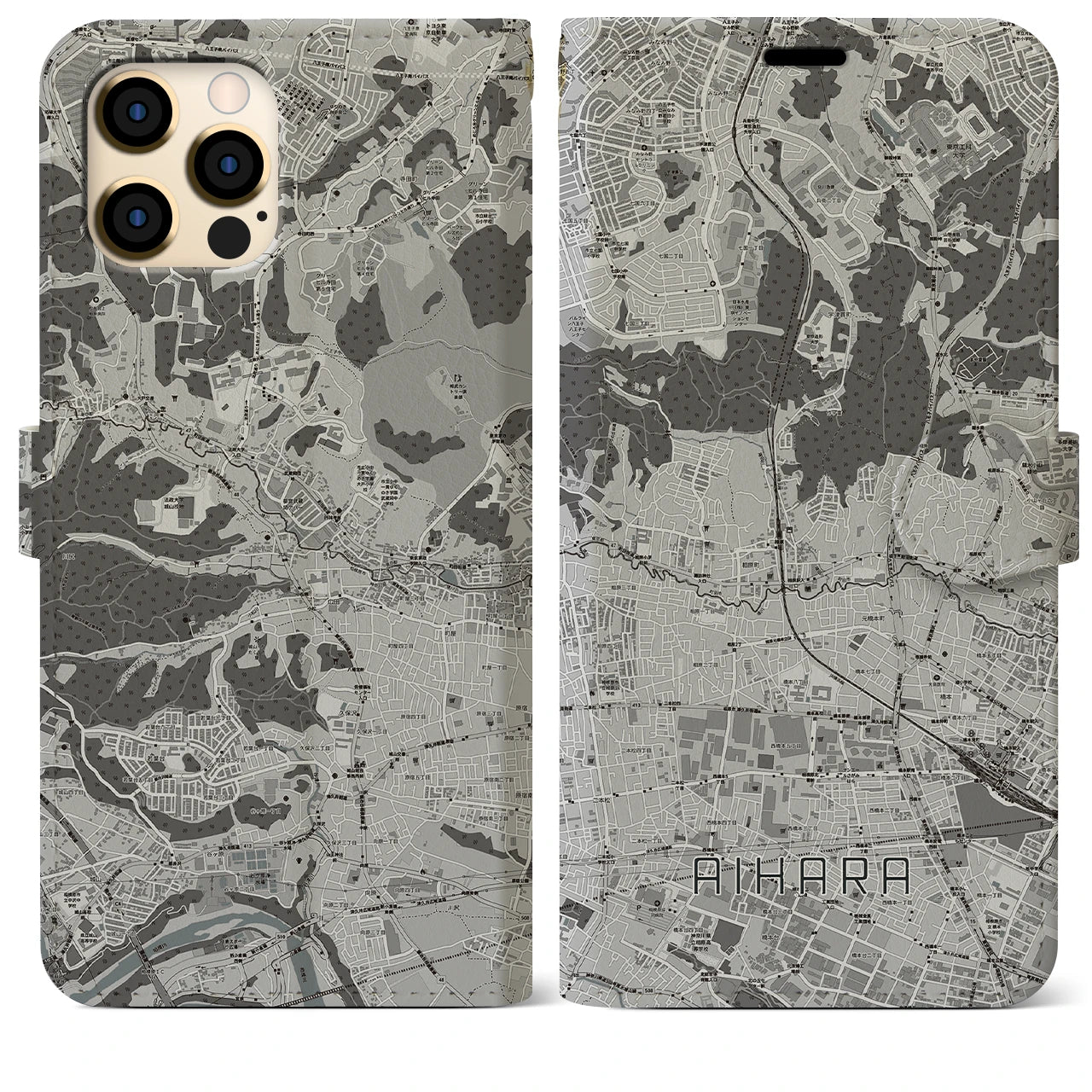 【相原(東京都)】地図柄iPhoneケース(手帳タイプ)モノトーン・iPhone 12 Pro Max 用
