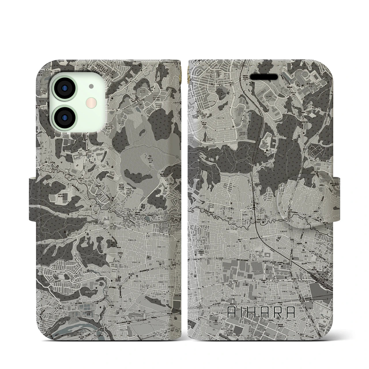 【相原(東京都)】地図柄iPhoneケース(手帳タイプ)モノトーン・iPhone 12 mini 用