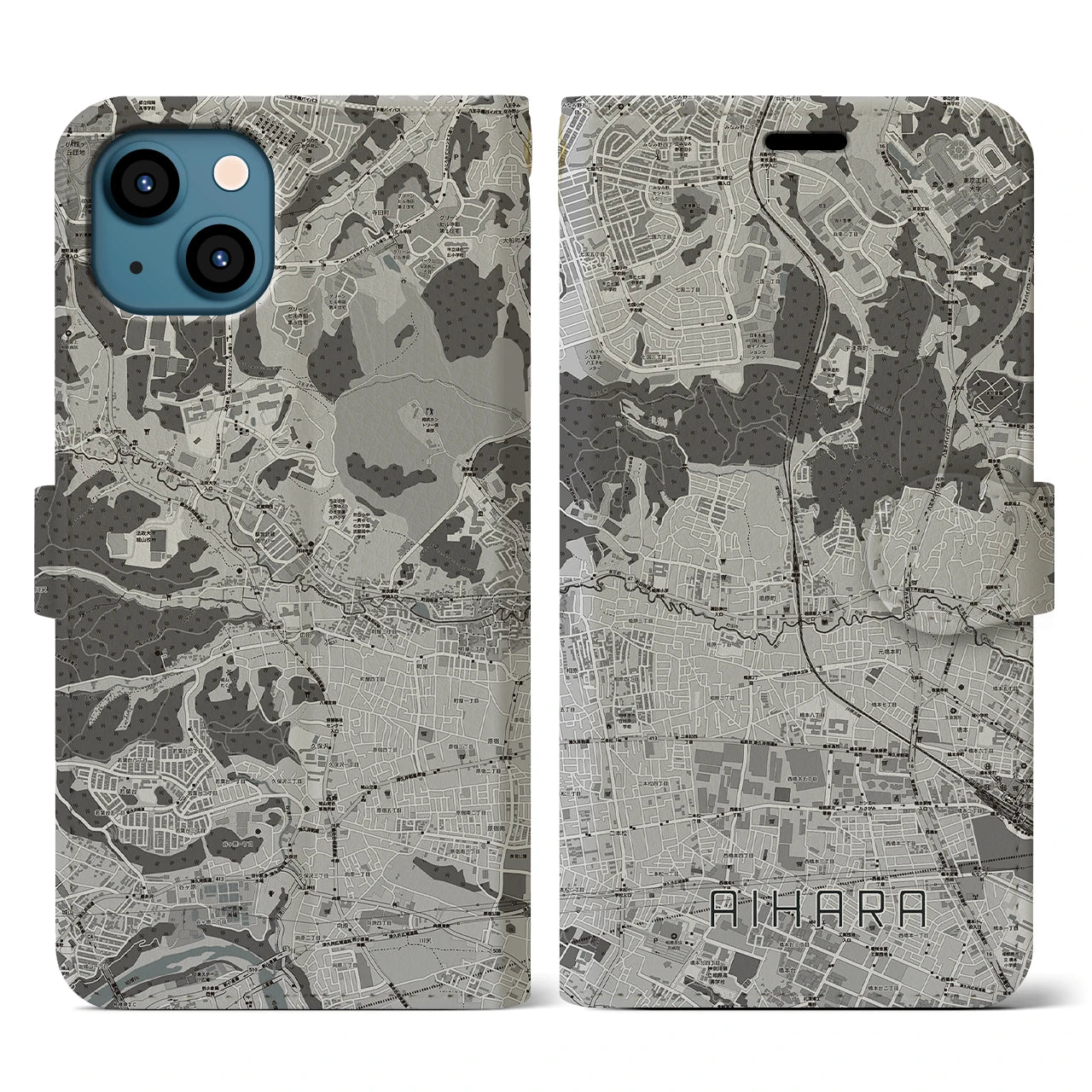 【相原(東京都)】地図柄iPhoneケース(手帳タイプ)モノトーン・iPhone 13 用