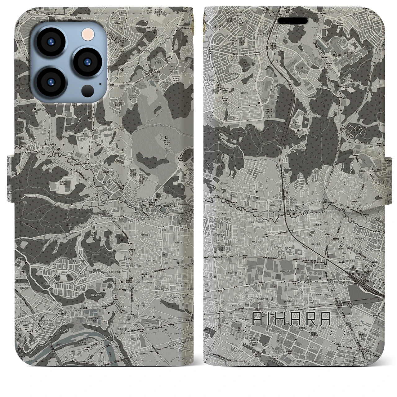 【相原(東京都)】地図柄iPhoneケース(手帳タイプ)モノトーン・iPhone 13 Pro Max 用