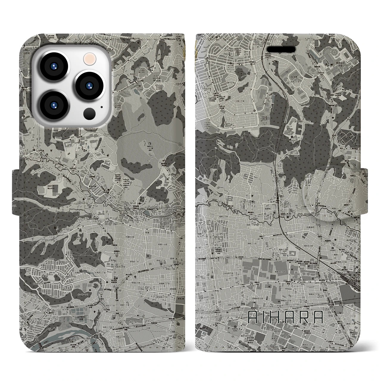 【相原(東京都)】地図柄iPhoneケース(手帳タイプ)モノトーン・iPhone 13 Pro 用