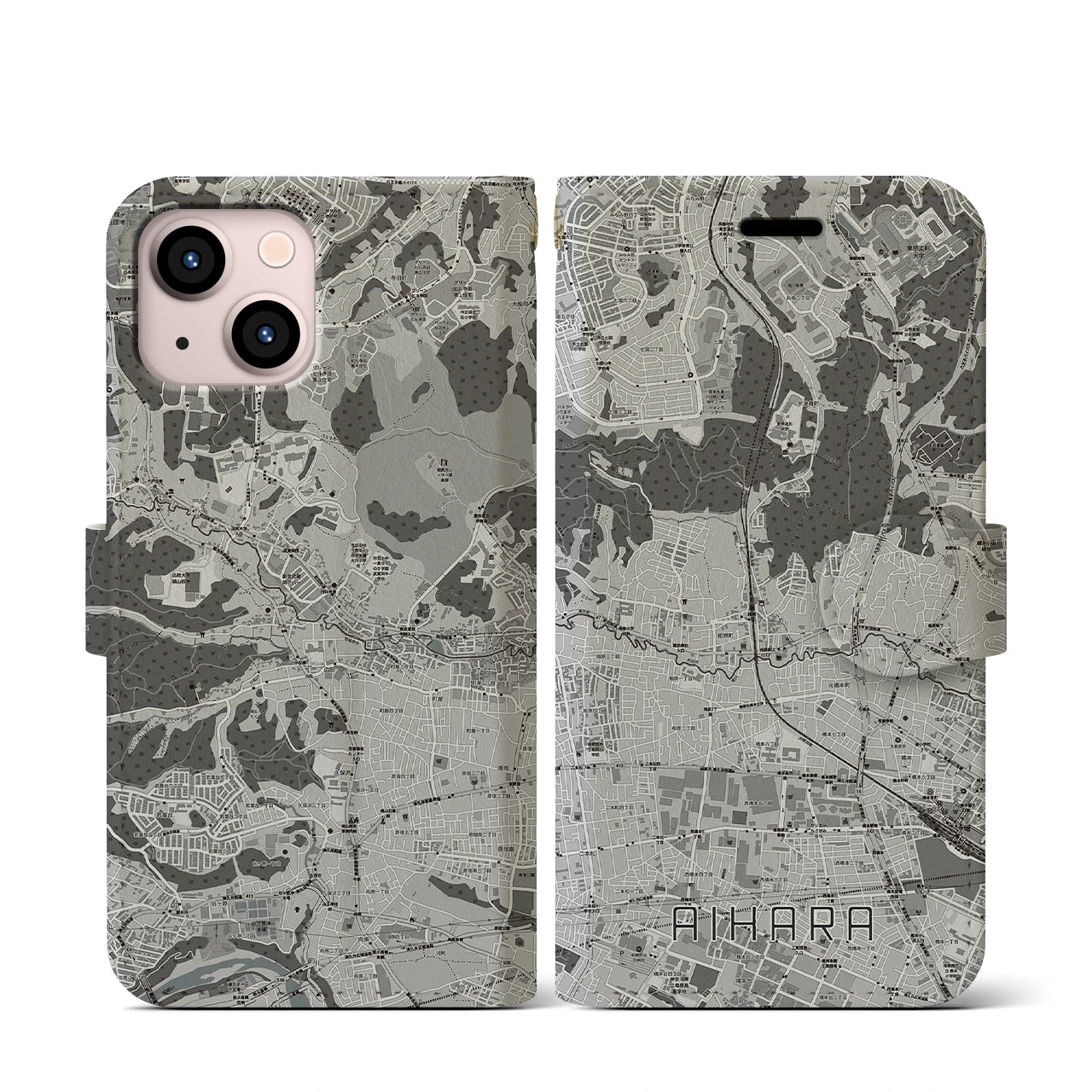 【相原(東京都)】地図柄iPhoneケース(手帳タイプ)モノトーン・iPhone 13 mini 用