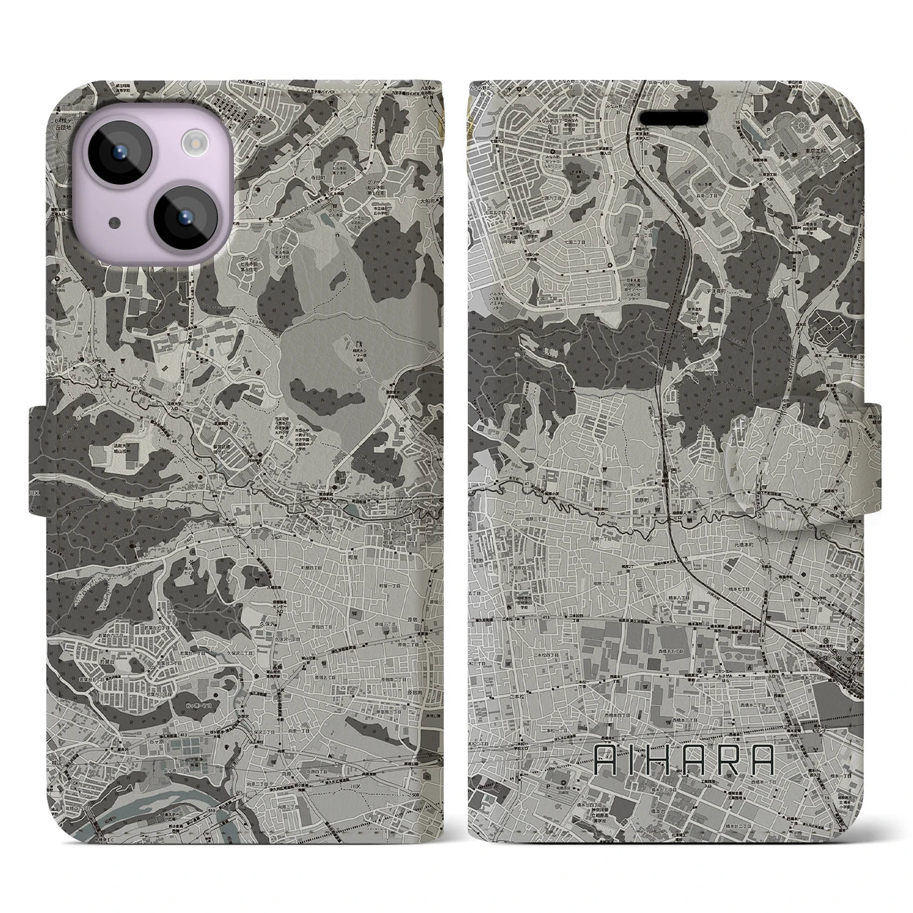 【相原(東京都)】地図柄iPhoneケース(手帳タイプ)モノトーン・iPhone 14 用