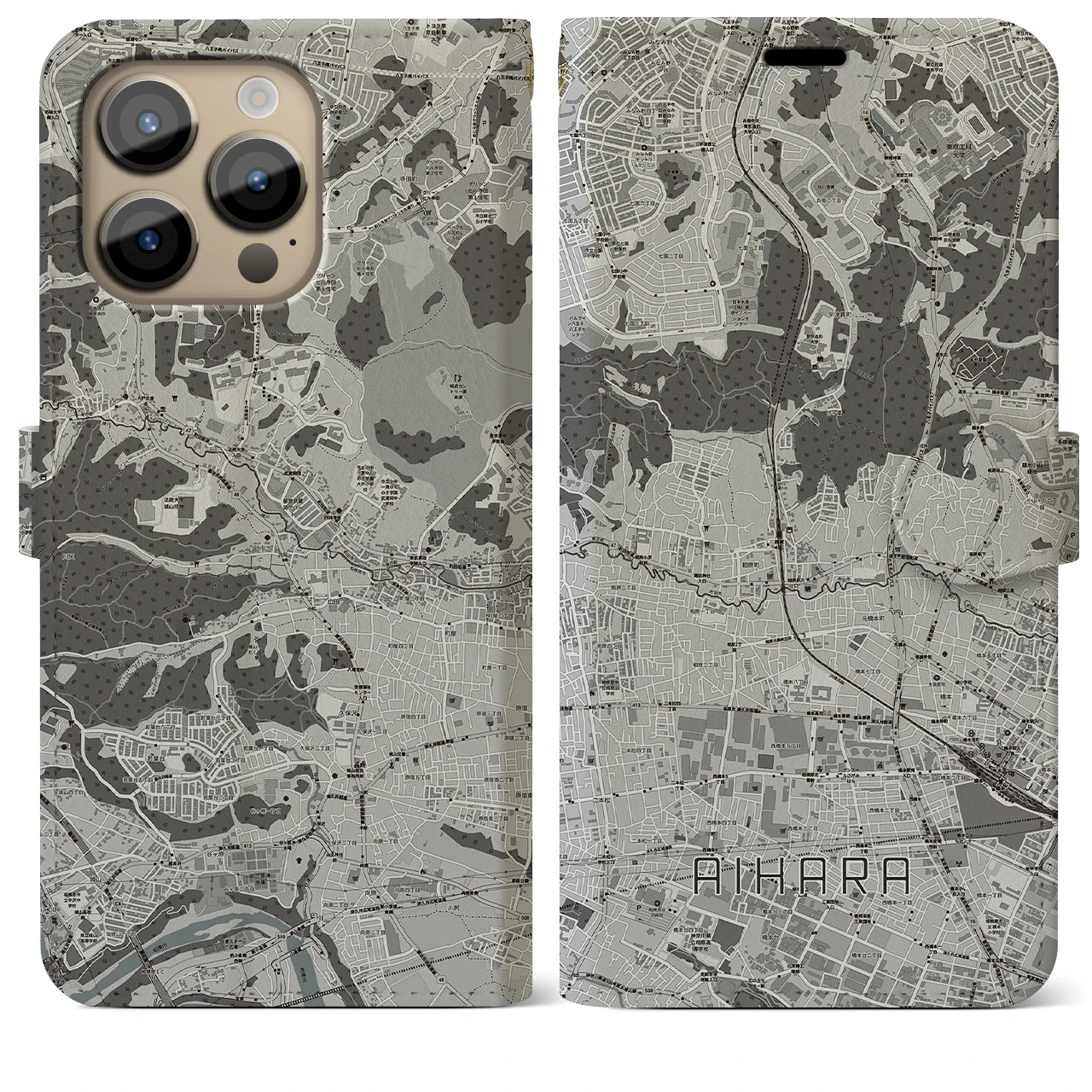 【相原(東京都)】地図柄iPhoneケース(手帳タイプ)モノトーン・iPhone 14 Pro Max 用